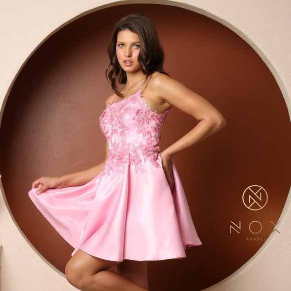 NEW CANDY PINK STAIN DRESS MINI OFF THE SHOULDER EMBROIDERED DRESS NX T733 - Picture 7 of 8